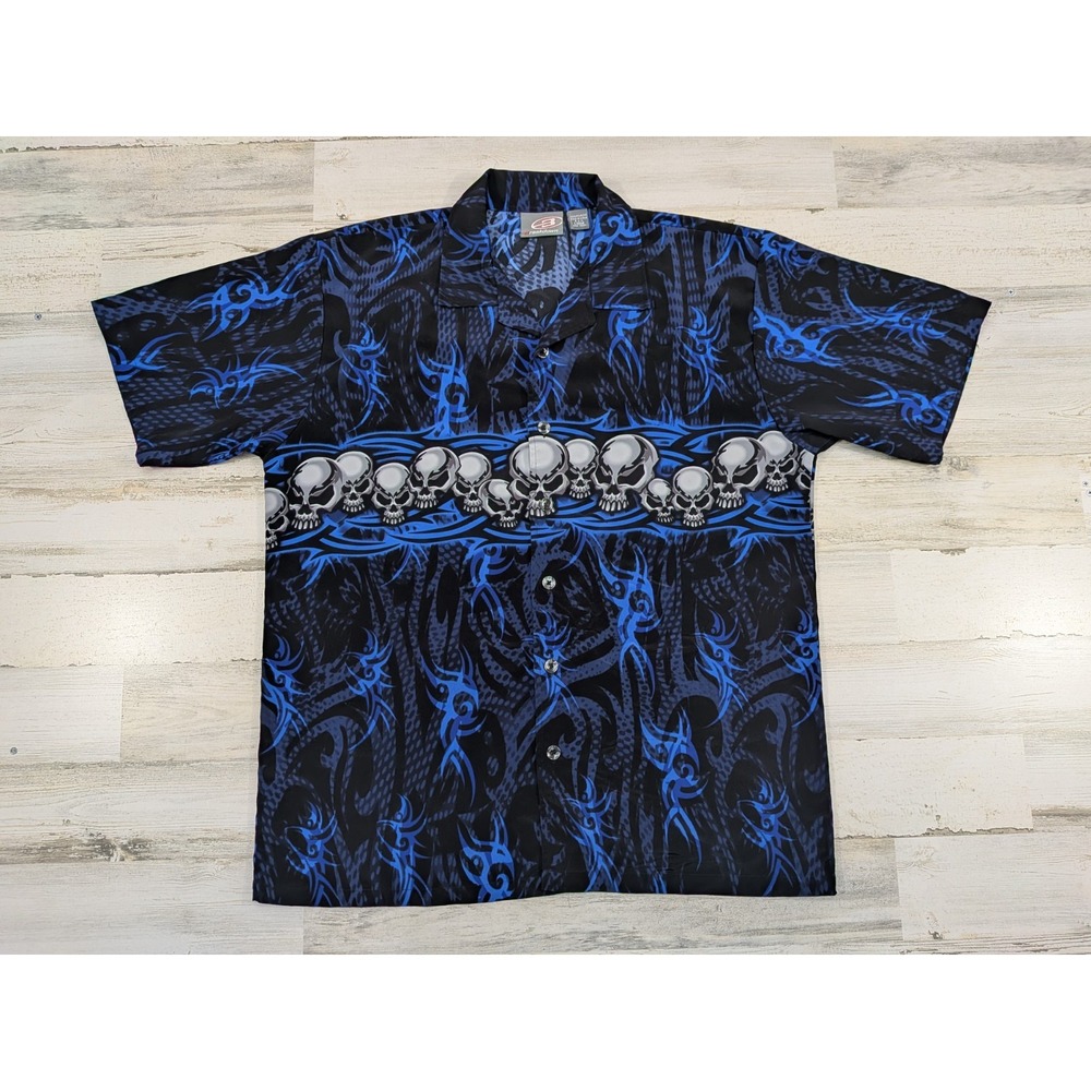 Vintage Breakdown Shirt Mens Large Skulls Tribal Tattoo Y2K Button Up